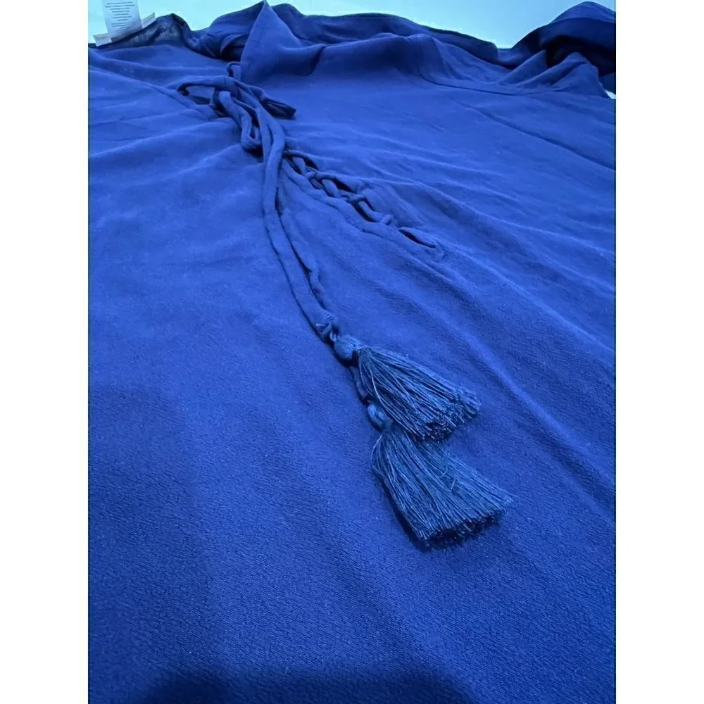 New La Blanca Size L V-Neck Cover-Up Tunic Dress Pockets tassel trim Navy Blue